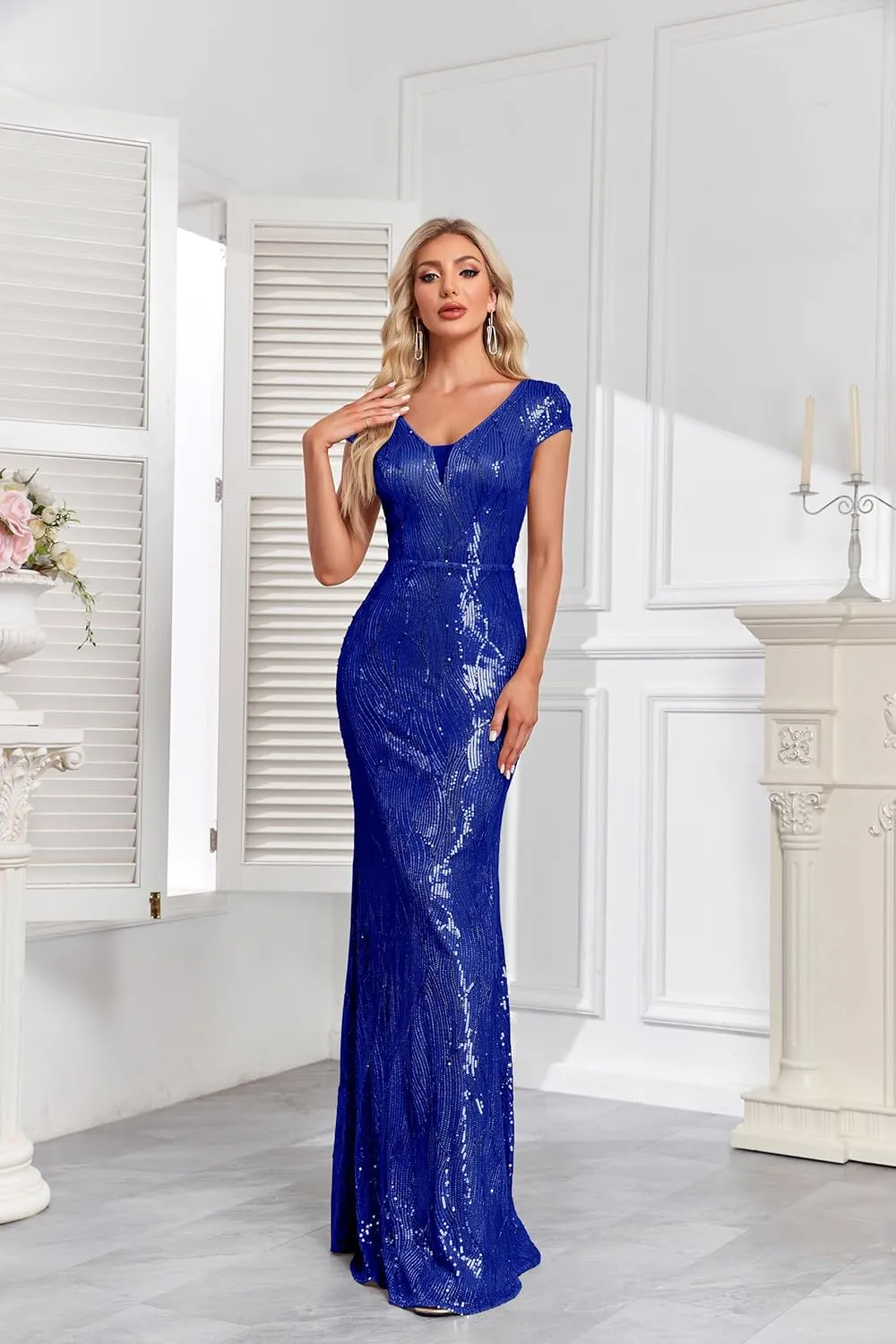Womens Sequined Short Sleeves Long Formal Dress with V-Neck for Evening Event Nightout Club Gown Silver Paillette