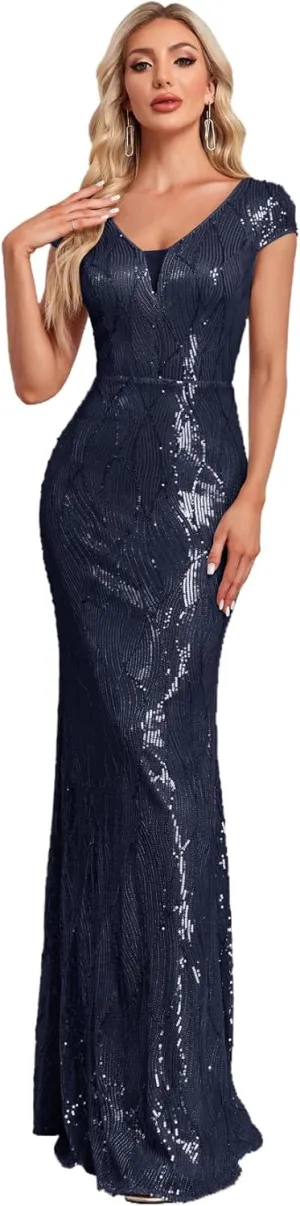 Womens Sequined Short Sleeves Long Formal Dress with V-Neck for Evening Event Nightout Club Gown Silver Paillette