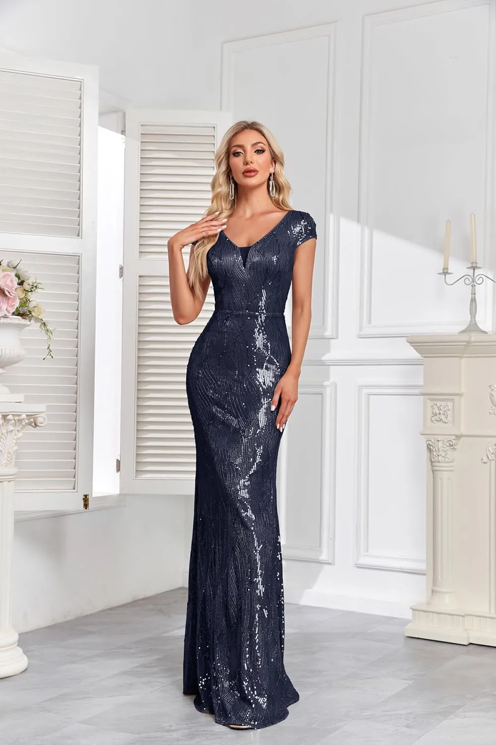 Womens Sequined Short Sleeves Long Formal Dress with V-Neck for Evening Event Nightout Club Gown Silver Paillette