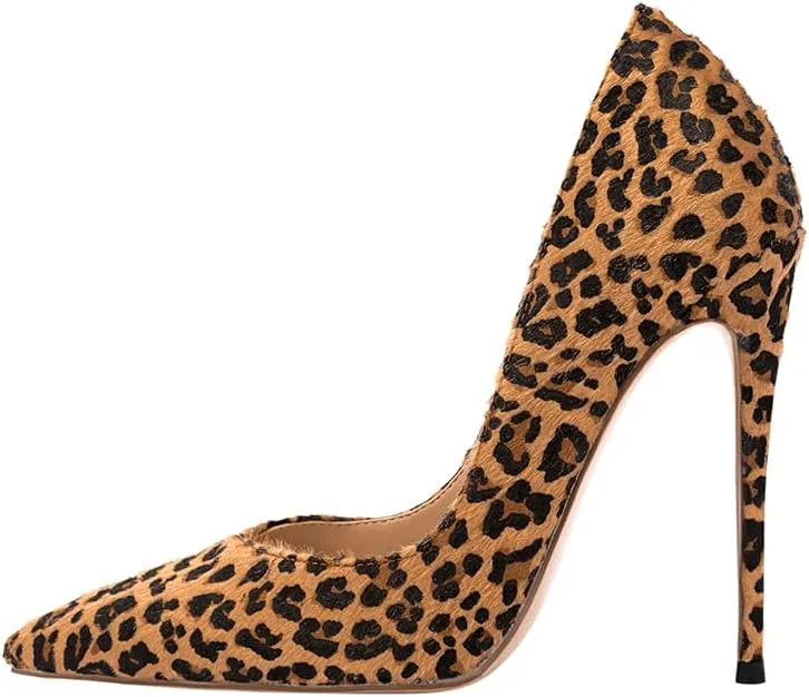 Women's Sexy Leopard Animal-Print Stiletto Pointed Closed Toe Slip On 4IN High Heel Pumps for Party Evening