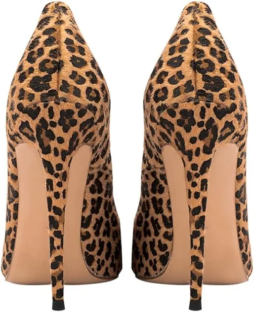 Women's Sexy Leopard Animal-Print Stiletto Pointed Closed Toe Slip On 4IN High Heel Pumps for Party Evening