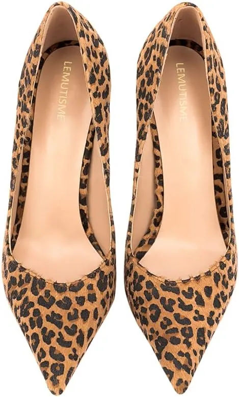 Women's Sexy Leopard Animal-Print Stiletto Pointed Closed Toe Slip On 4IN High Heel Pumps for Party Evening