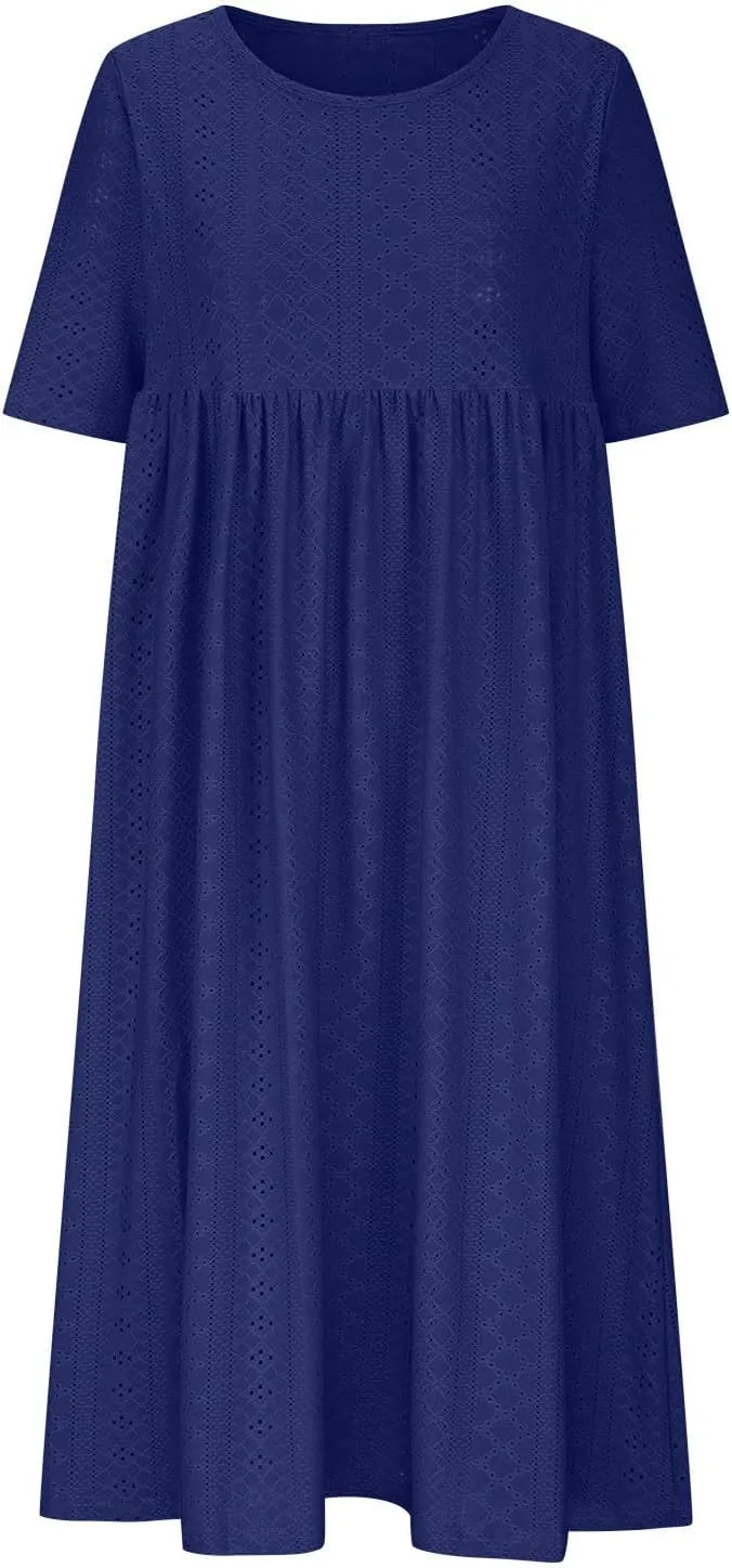 Womens Short Sleeve Casual Sundress Simple Solid Color Midi Dress Loose Casual Eyelet Comfy Summer Dresses