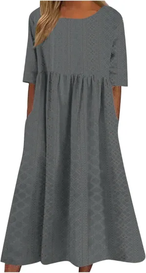 Womens Short Sleeve Casual Sundress Simple Solid Color Midi Dress Loose Casual Eyelet Comfy Summer Dresses