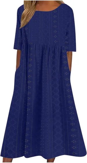 Womens Short Sleeve Casual Sundress Simple Solid Color Midi Dress Loose Casual Eyelet Comfy Summer Dresses