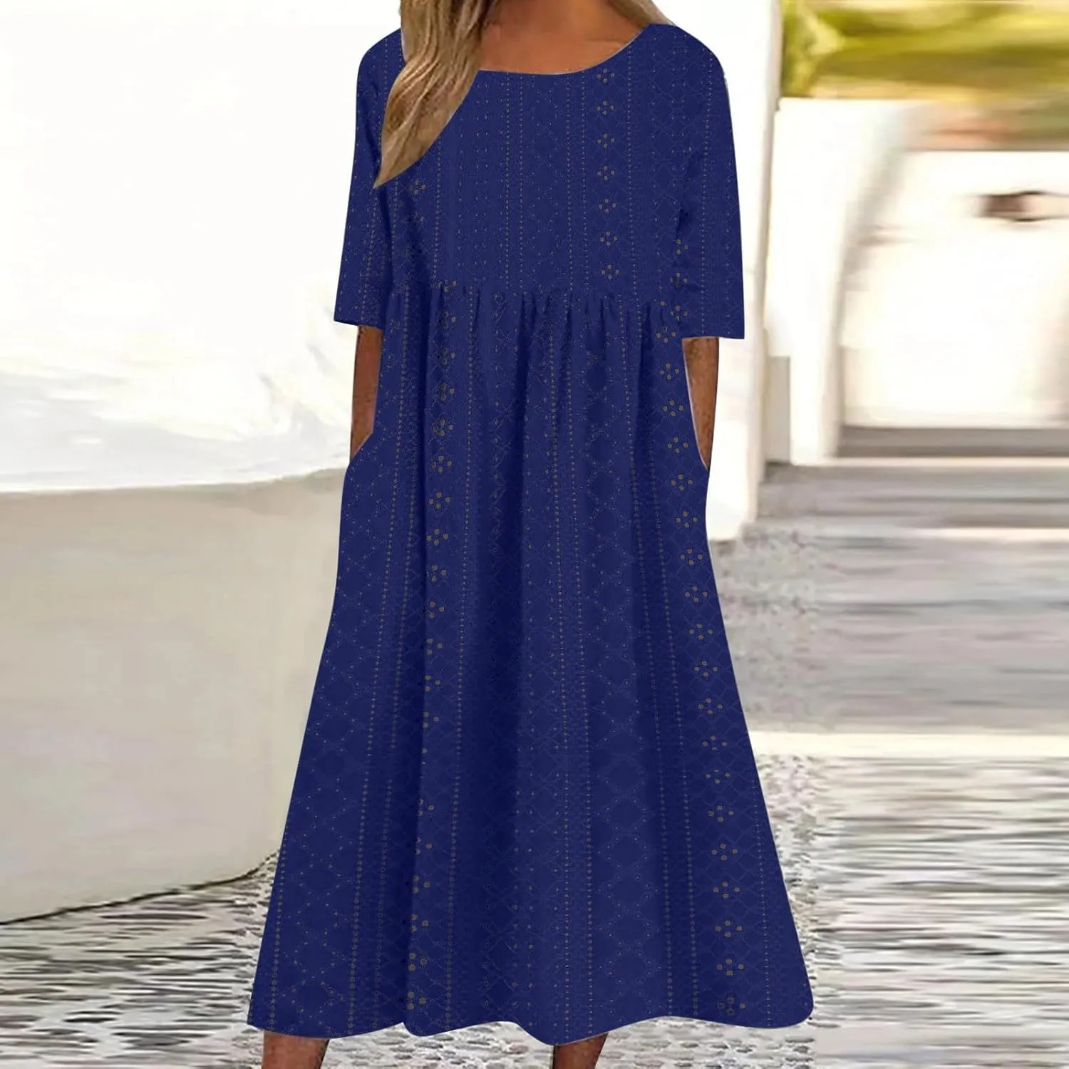 Womens Short Sleeve Casual Sundress Simple Solid Color Midi Dress Loose Casual Eyelet Comfy Summer Dresses