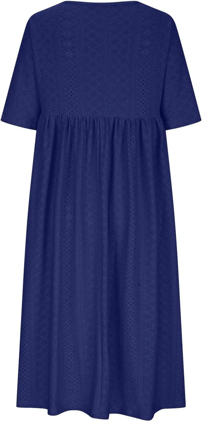 Womens Short Sleeve Casual Sundress Simple Solid Color Midi Dress Loose Casual Eyelet Comfy Summer Dresses