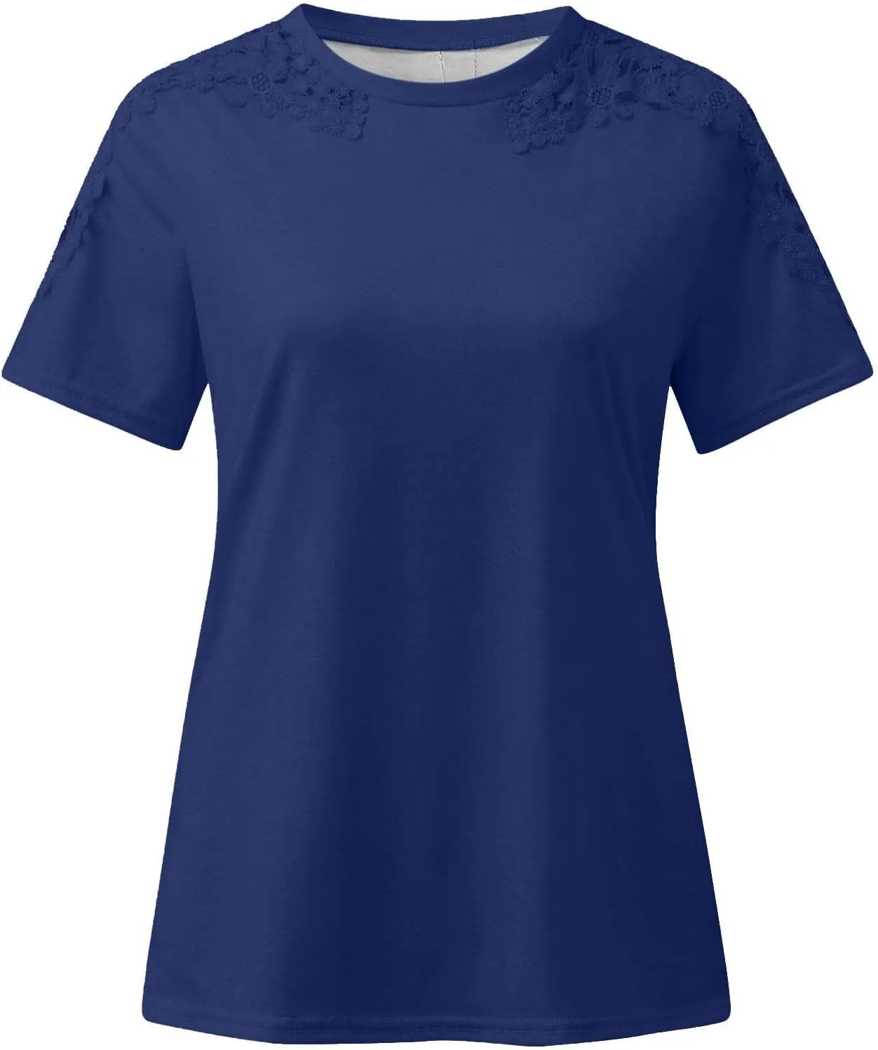 Womens Short Sleeve Shirts Casual Round Neck Fashion Solid Color T-Shirts Trendy Loose Pullover Lace Tops Blouse