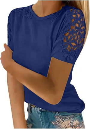 Womens Short Sleeve Shirts Casual Round Neck Fashion Solid Color T-Shirts Trendy Loose Pullover Lace Tops Blouse