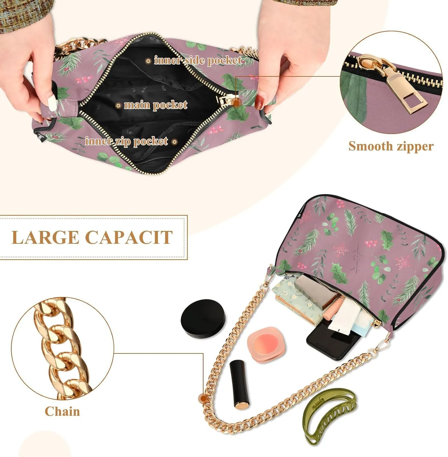 Women's Shoulder Handbags Chain Shoulder Brace for Women Bag Leaves Print Ladies Vacation Handbags Tote Purse,Multi1