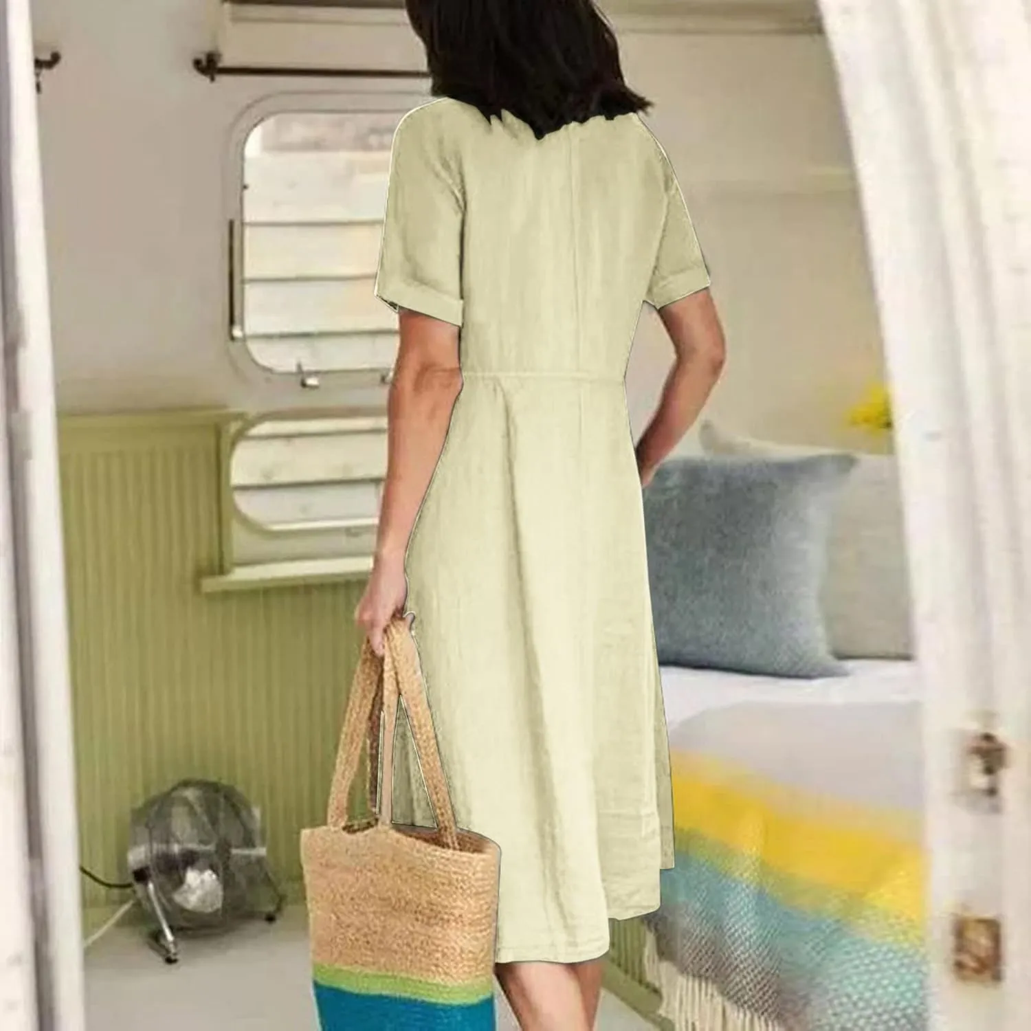 Women's Summer Casual V-Neck Button Down Shirt Dress Solid Short Sleeve Cotton Linen Dress Plus Size Maxi Dress