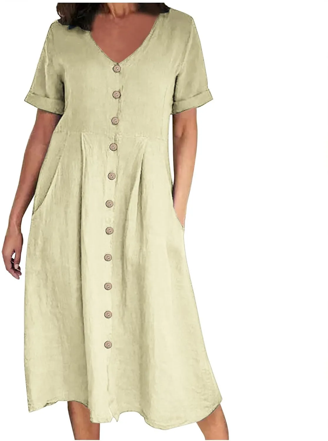 Women's Summer Casual V-Neck Button Down Shirt Dress Solid Short Sleeve Cotton Linen Dress Plus Size Maxi Dress