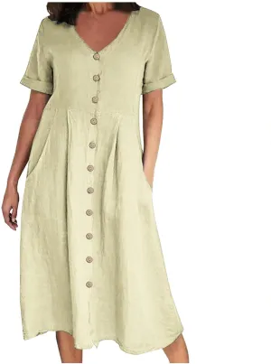 Women's Summer Casual V-Neck Button Down Shirt Dress Solid Short Sleeve Cotton Linen Dress Plus Size Maxi Dress