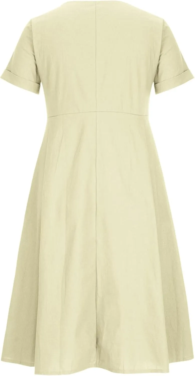 Women's Summer Casual V-Neck Button Down Shirt Dress Solid Short Sleeve Cotton Linen Dress Plus Size Maxi Dress