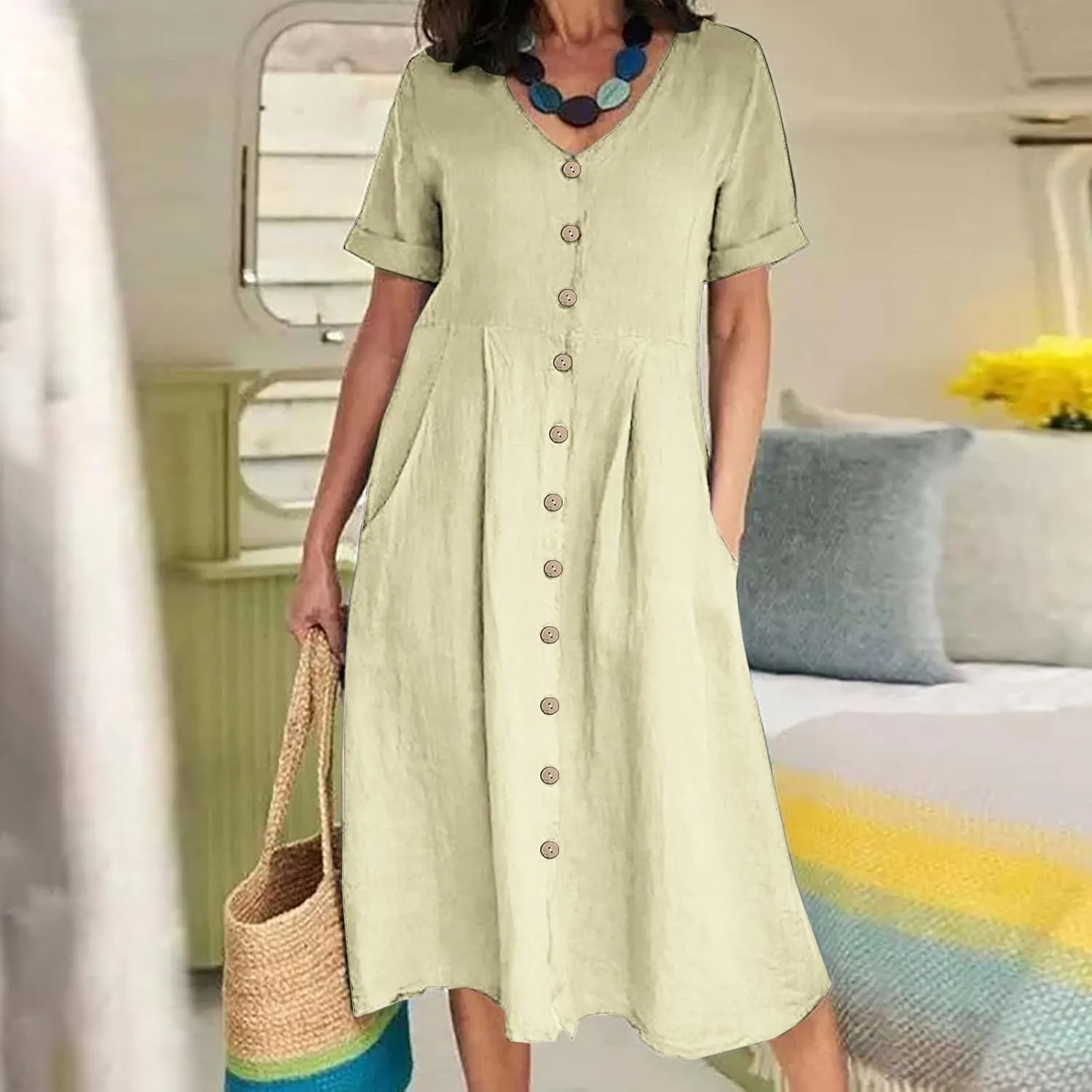 Women's Summer Casual V-Neck Button Down Shirt Dress Solid Short Sleeve Cotton Linen Dress Plus Size Maxi Dress