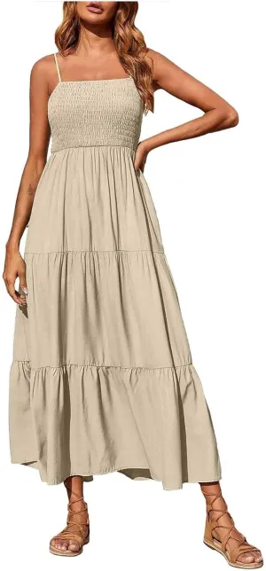 Women's Summer Maxi Dress 2025 Casual Boho Sleeveless Spaghetti Strap Smocked Tiered Long Beach Sundresses
