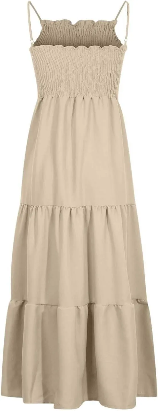 Women's Summer Maxi Dress 2025 Casual Boho Sleeveless Spaghetti Strap Smocked Tiered Long Beach Sundresses