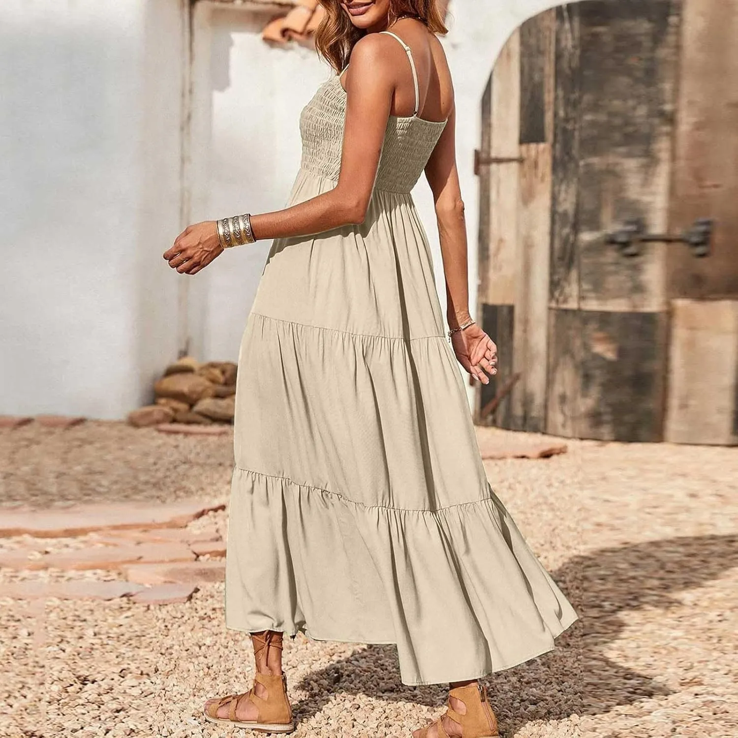 Women's Summer Maxi Dress 2025 Casual Boho Sleeveless Spaghetti Strap Smocked Tiered Long Beach Sundresses