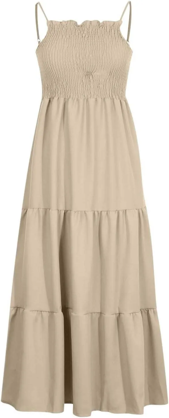 Women's Summer Maxi Dress 2025 Casual Boho Sleeveless Spaghetti Strap Smocked Tiered Long Beach Sundresses