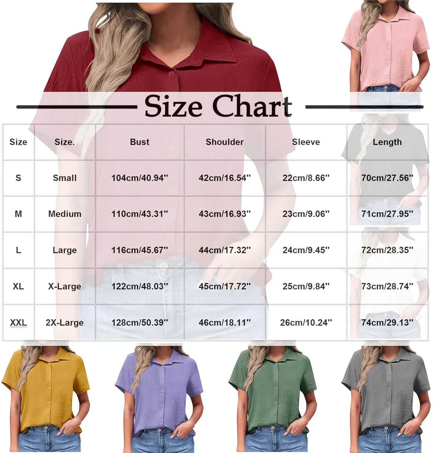 Women's Summer Solid Collared Tops Loose Fit Button-Up Blouses Crewneck Comfy Office Casual Tunic Shirts Stretch Tees