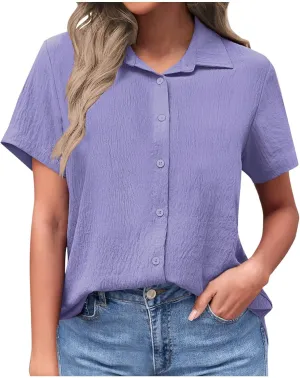 Women's Summer Solid Collared Tops Loose Fit Button-Up Blouses Crewneck Comfy Office Casual Tunic Shirts Stretch Tees
