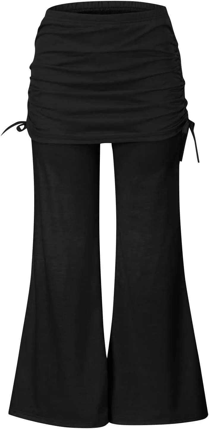 Women's Summer Vintage Print Wide Leg Pants Casual Flared Drawstring Trousers Elastic High Waist Palazzo Pants