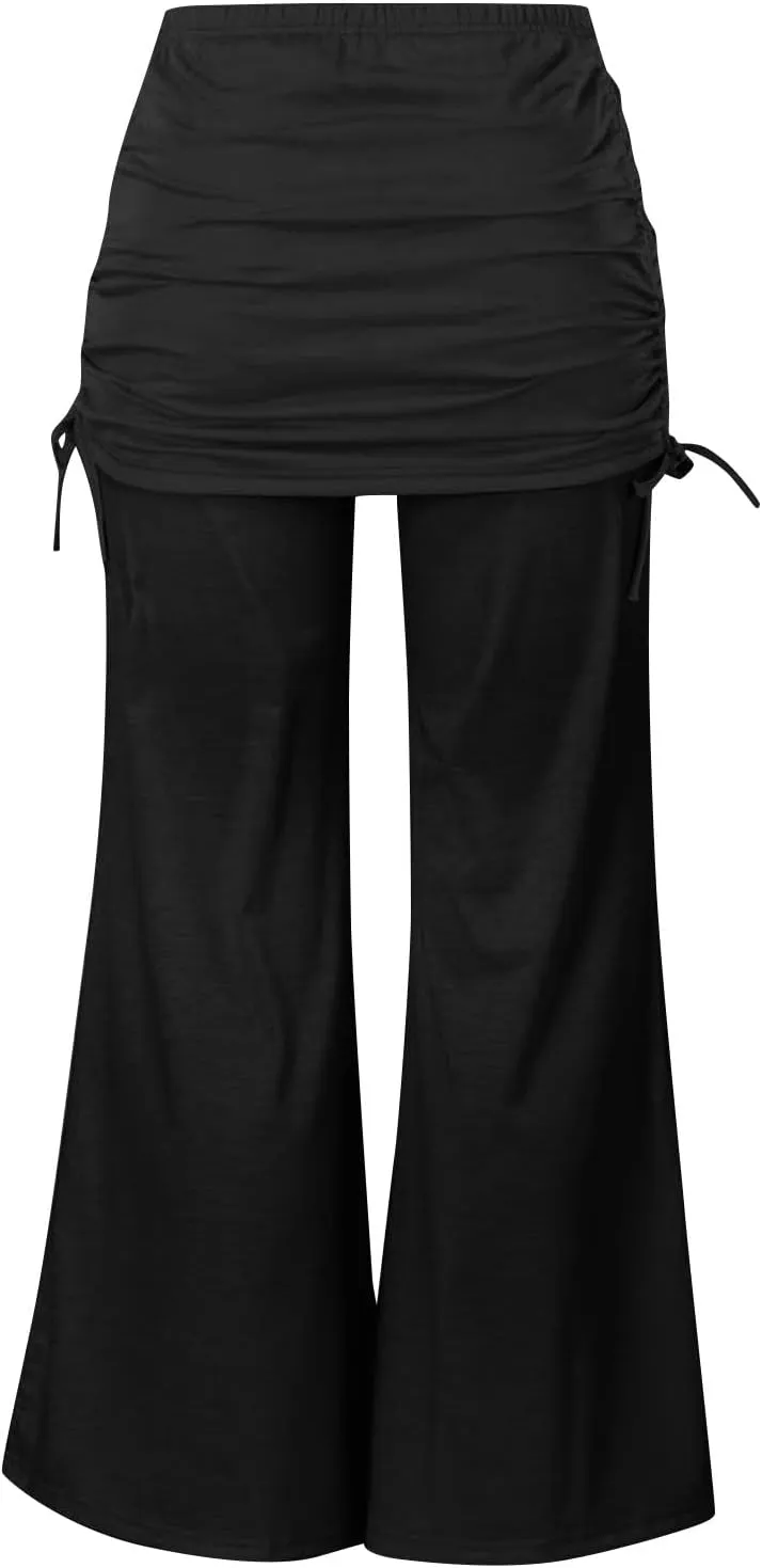 Women's Summer Vintage Print Wide Leg Pants Casual Flared Drawstring Trousers Elastic High Waist Palazzo Pants