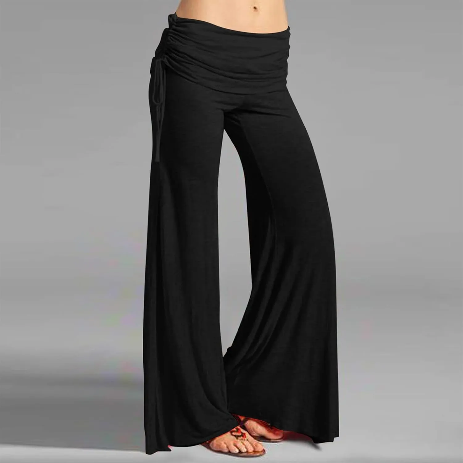 Women's Summer Vintage Print Wide Leg Pants Casual Flared Drawstring Trousers Elastic High Waist Palazzo Pants