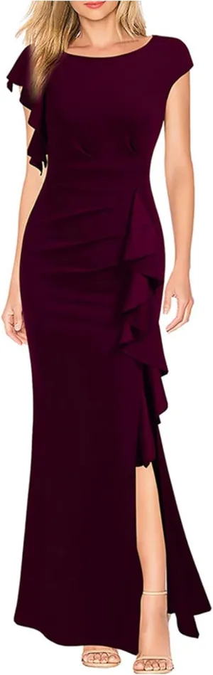 Women's Teal Ruffle Sleeve Maxi Dress with Side Slit Elegant Formal Gown for Evening Events Weddings Special Occasions