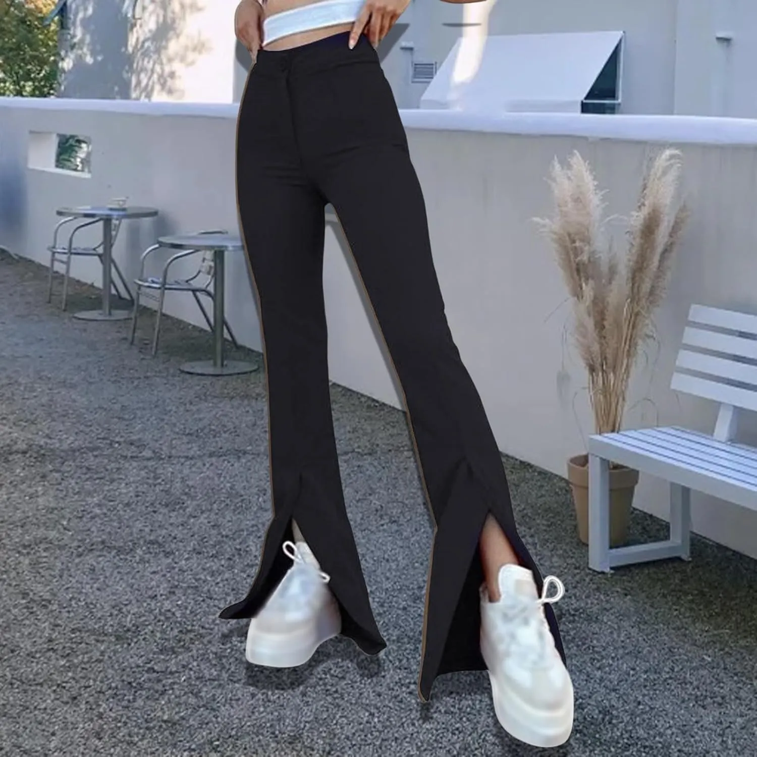 Womens Trendy Leggings Casual Button High Waisted Pants Slim Fit Solid Color Split Hem Athletic Yoga Pants Leggings