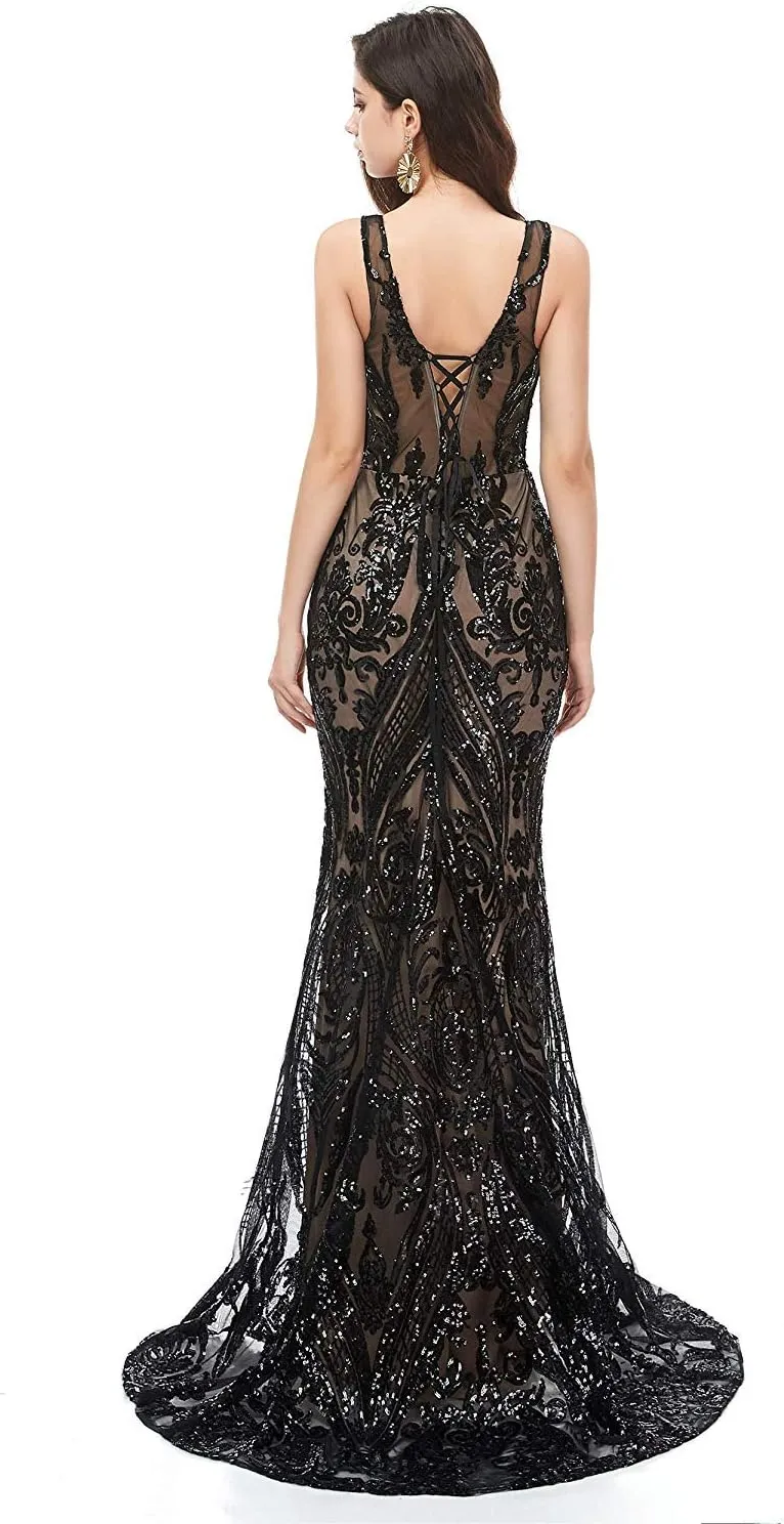 Women's V-Neck Sequins Mermaid Prom Evening Party Dress Sleeveless Lace-up Celebrity Pageant Gown