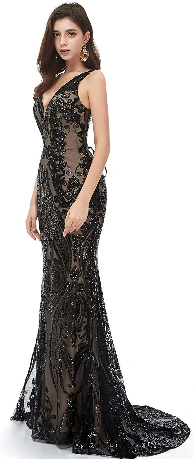 Women's V-Neck Sequins Mermaid Prom Evening Party Dress Sleeveless Lace-up Celebrity Pageant Gown