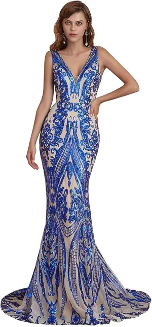 Women's V-Neck Sequins Mermaid Prom Evening Party Dress Sleeveless Lace-up Celebrity Pageant Gown
