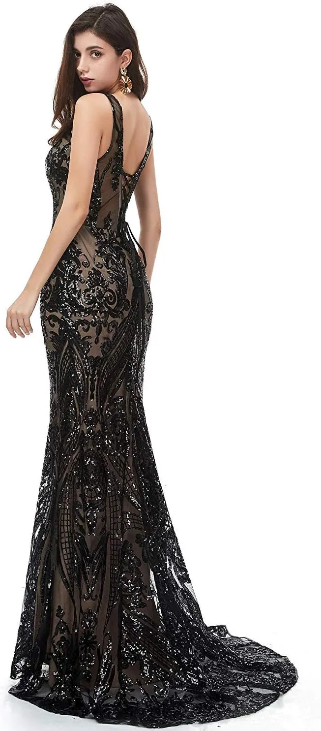 Women's V-Neck Sequins Mermaid Prom Evening Party Dress Sleeveless Lace-up Celebrity Pageant Gown