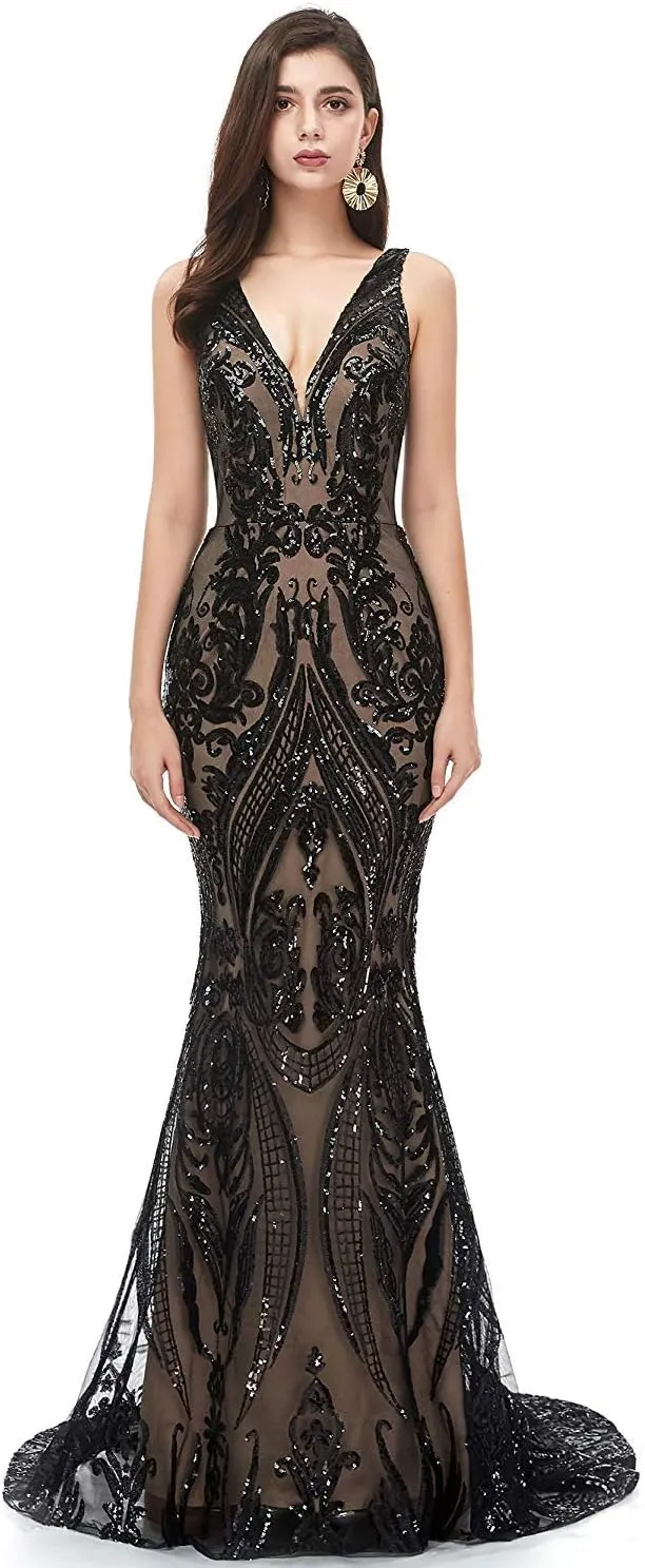 Women's V-Neck Sequins Mermaid Prom Evening Party Dress Sleeveless Lace-up Celebrity Pageant Gown