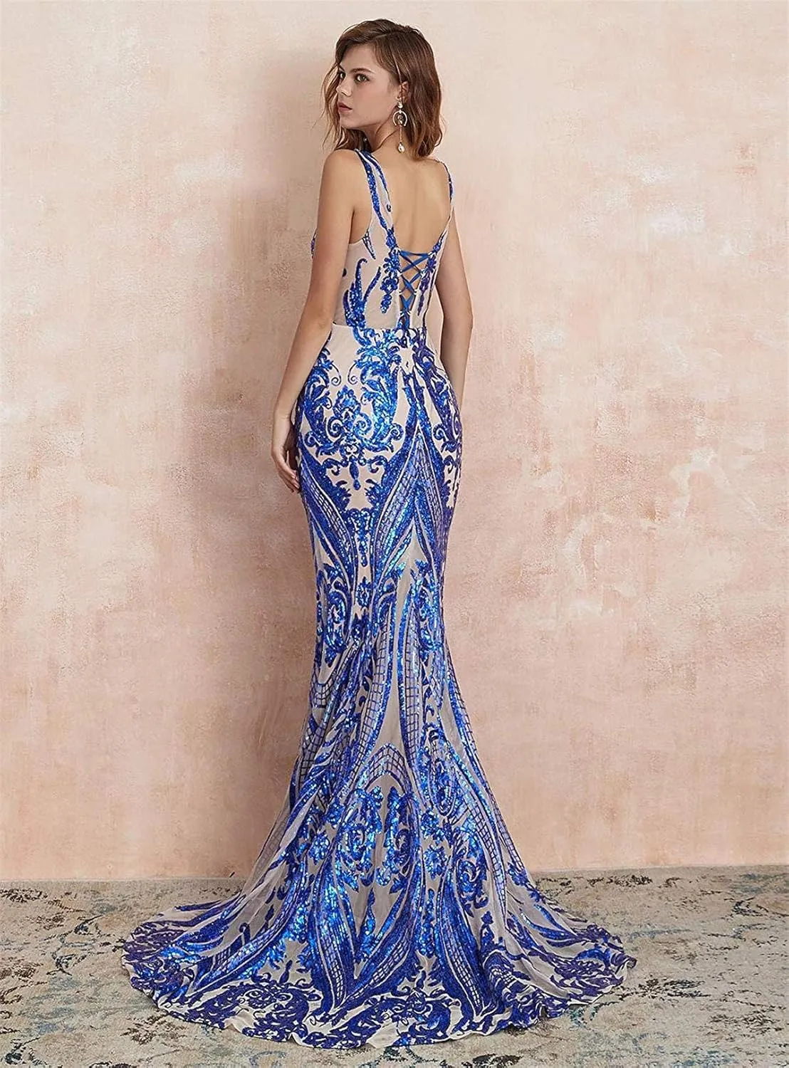 Women's V-Neck Sequins Mermaid Prom Evening Party Dress Sleeveless Lace-up Celebrity Pageant Gown