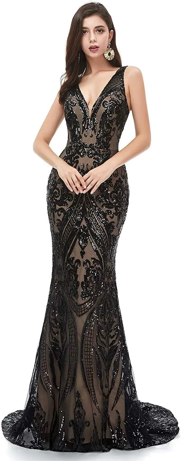 Women's V-Neck Sequins Mermaid Prom Evening Party Dress Sleeveless Lace-up Celebrity Pageant Gown