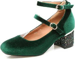 Women's Velvet Dress Pumps Double Ankle Strap Square Toe Elegant Glitter Chunky Mid Heel Shoes