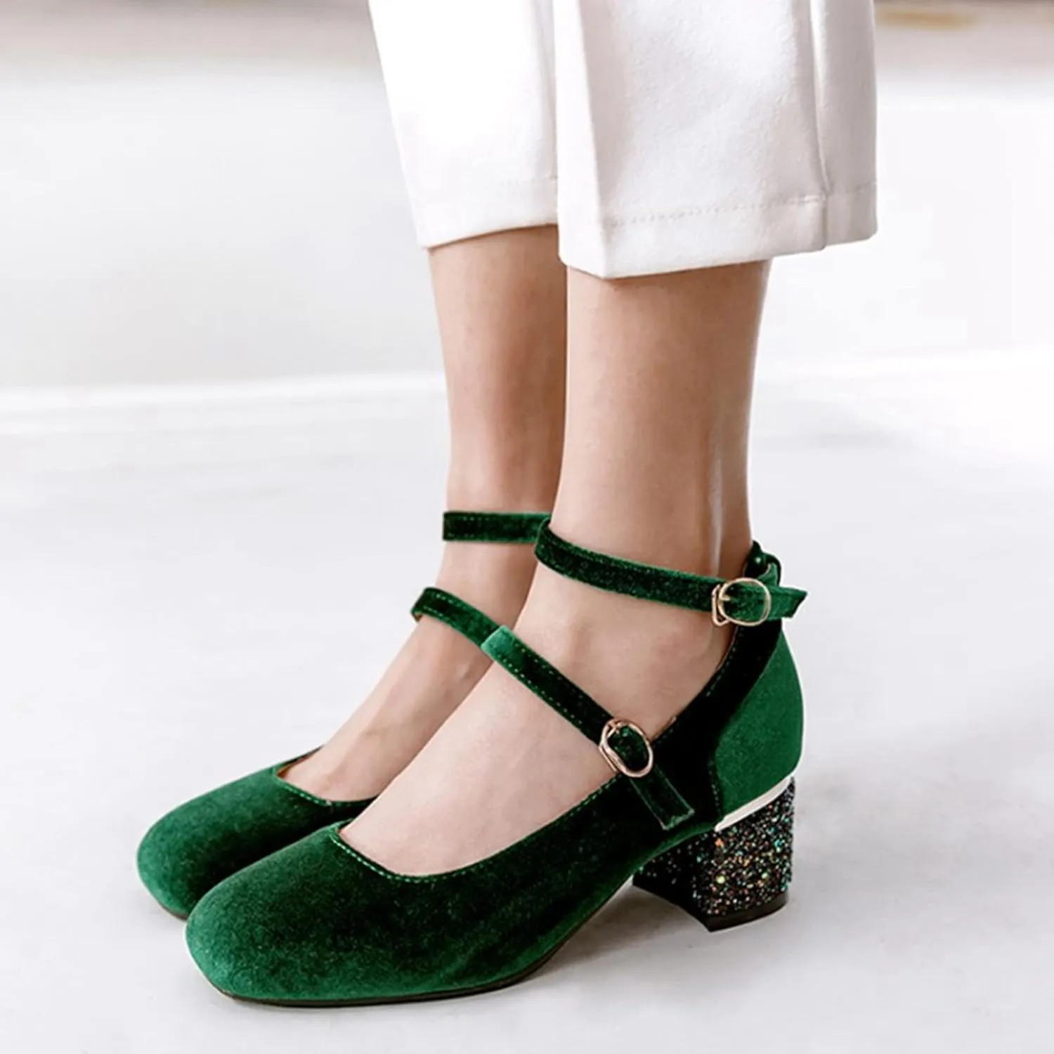 Women's Velvet Dress Pumps Double Ankle Strap Square Toe Elegant Glitter Chunky Mid Heel Shoes