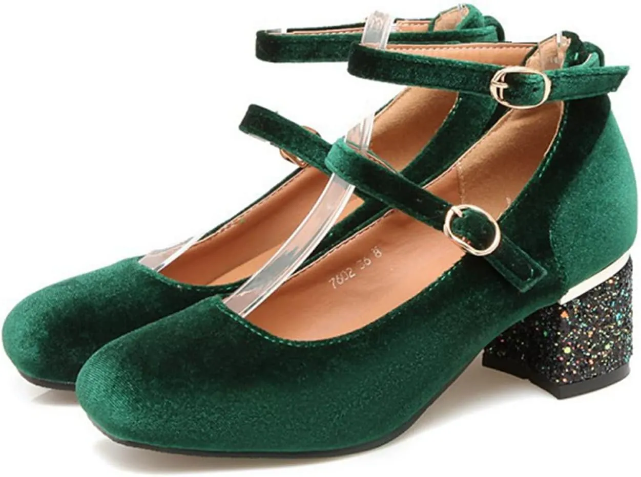 Women's Velvet Dress Pumps Double Ankle Strap Square Toe Elegant Glitter Chunky Mid Heel Shoes