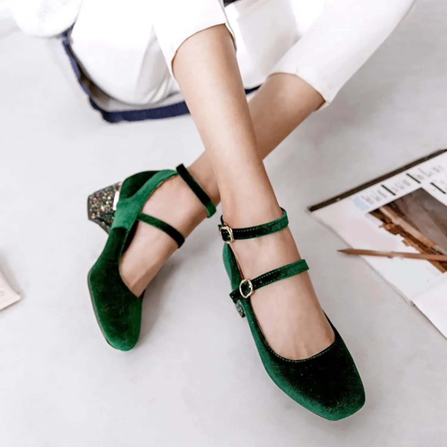 Women's Velvet Dress Pumps Double Ankle Strap Square Toe Elegant Glitter Chunky Mid Heel Shoes