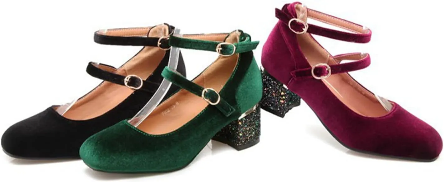 Women's Velvet Dress Pumps Double Ankle Strap Square Toe Elegant Glitter Chunky Mid Heel Shoes