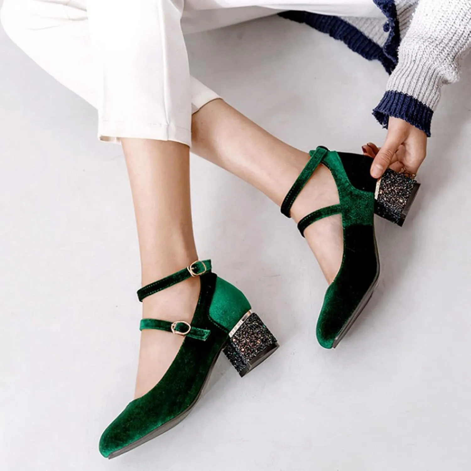 Women's Velvet Dress Pumps Double Ankle Strap Square Toe Elegant Glitter Chunky Mid Heel Shoes