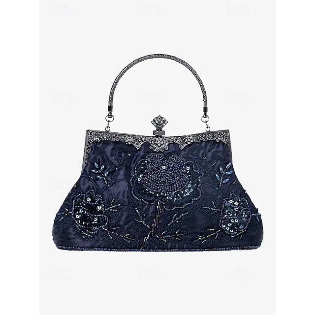 Women's Vintage Green Velvet Handbag with Beaded Floral Embroidery and Metal Frame – Elegant Evening Bag
