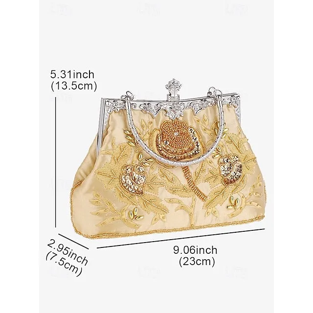 Women's Vintage Green Velvet Handbag with Beaded Floral Embroidery and Metal Frame – Elegant Evening Bag