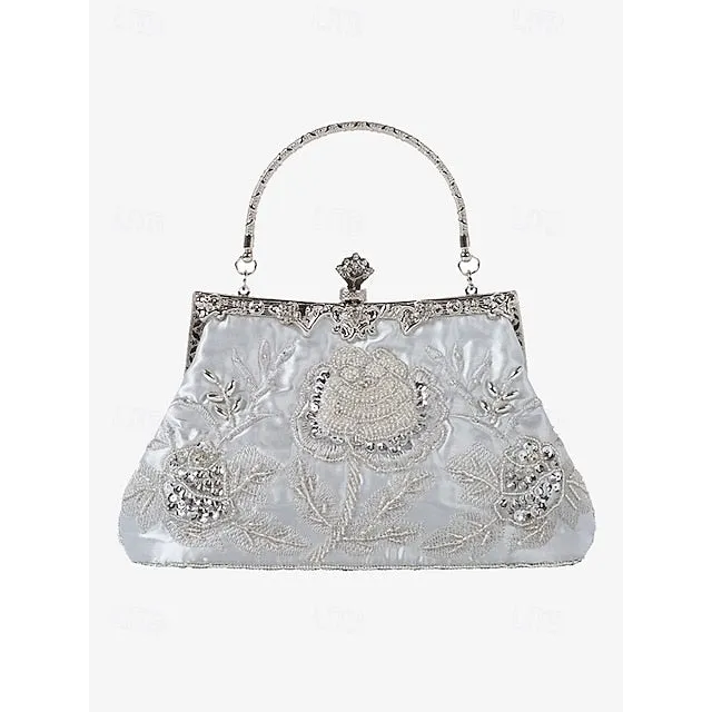 Women's Vintage Green Velvet Handbag with Beaded Floral Embroidery and Metal Frame – Elegant Evening Bag