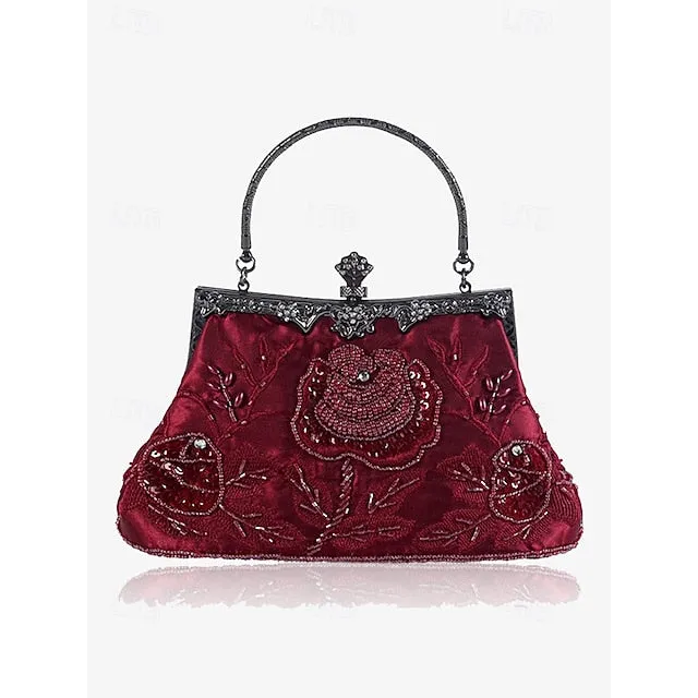 Women's Vintage Green Velvet Handbag with Beaded Floral Embroidery and Metal Frame – Elegant Evening Bag