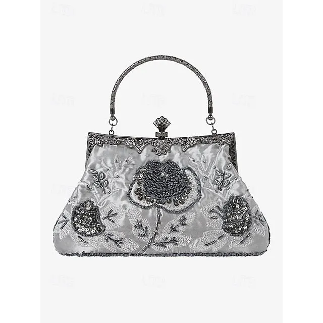 Women's Vintage Green Velvet Handbag with Beaded Floral Embroidery and Metal Frame – Elegant Evening Bag