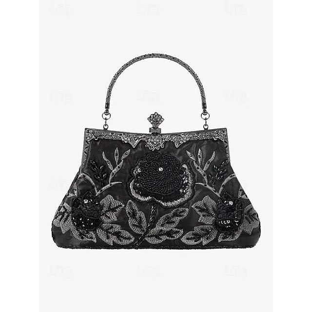 Women's Vintage Green Velvet Handbag with Beaded Floral Embroidery and Metal Frame – Elegant Evening Bag