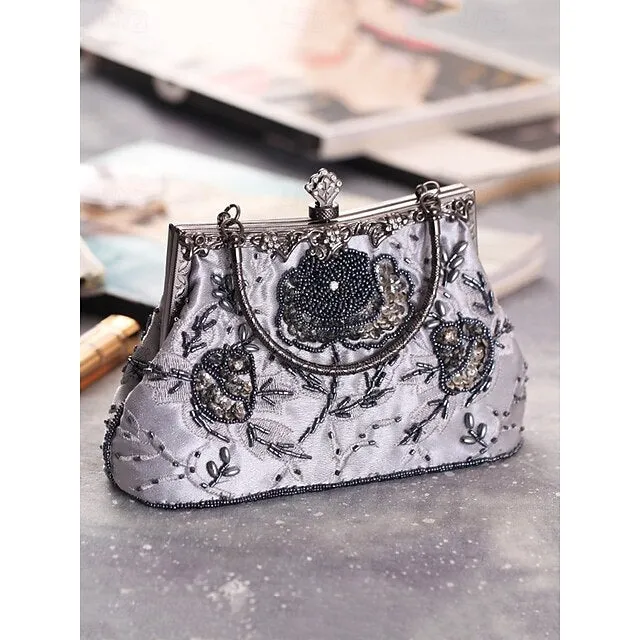 Women's Vintage Green Velvet Handbag with Beaded Floral Embroidery and Metal Frame – Elegant Evening Bag